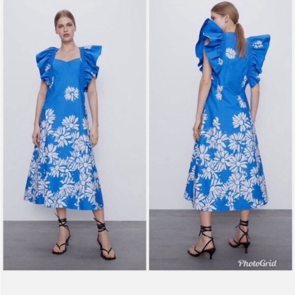 Zara Blue Floral Ruffle Sleeve Dress